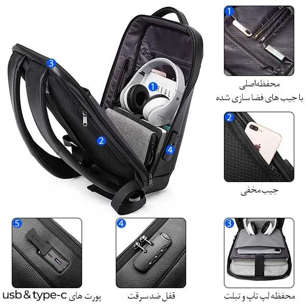 کوله پشتی لپ تاپ 15.6 اینچ BG-6621 دارای قفل ضدسرقت و پورت USB 