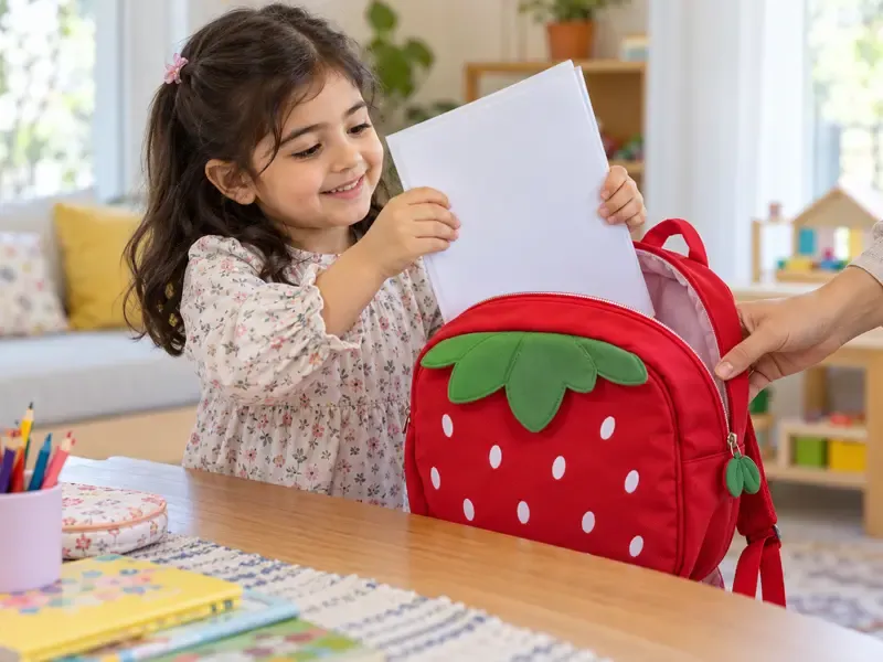 دختر ایرانی در حال گذاشتن برگه در کوله مهد کودک توت فرنگی خود