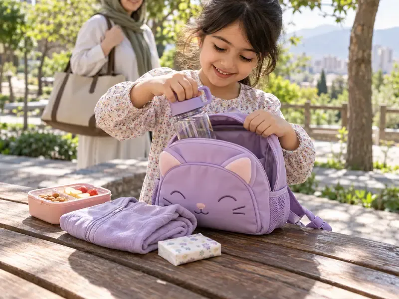 کیف کودک بنفش در سفر همراه با لباس و خوراکی قمقمه