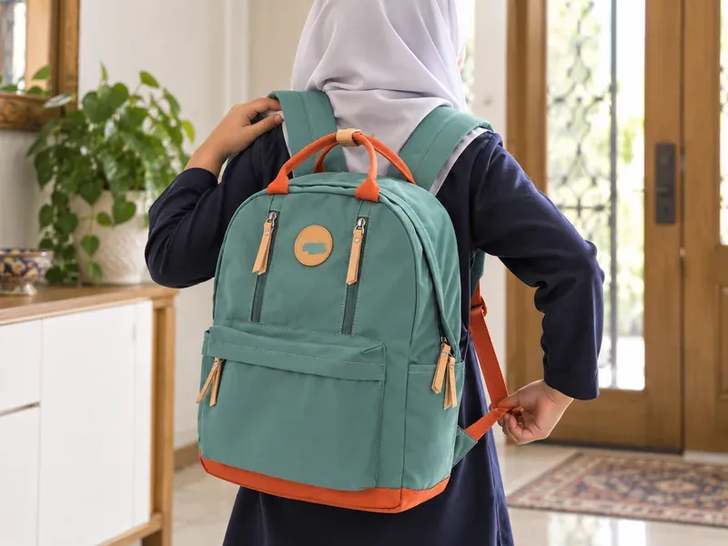 دختری که کوله را روی هر دو شانه گذاشته و بند را تنظیم می کند