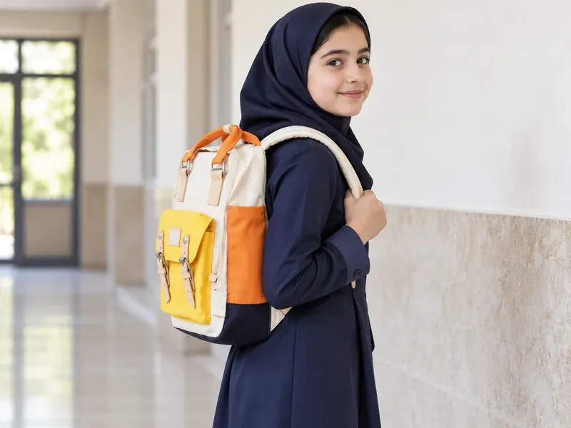 کوله با بند تنظیم شده روی کمر دانش آموز دختر ایرانی